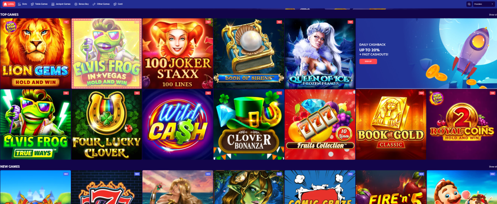 Startsida för Evospin casino.