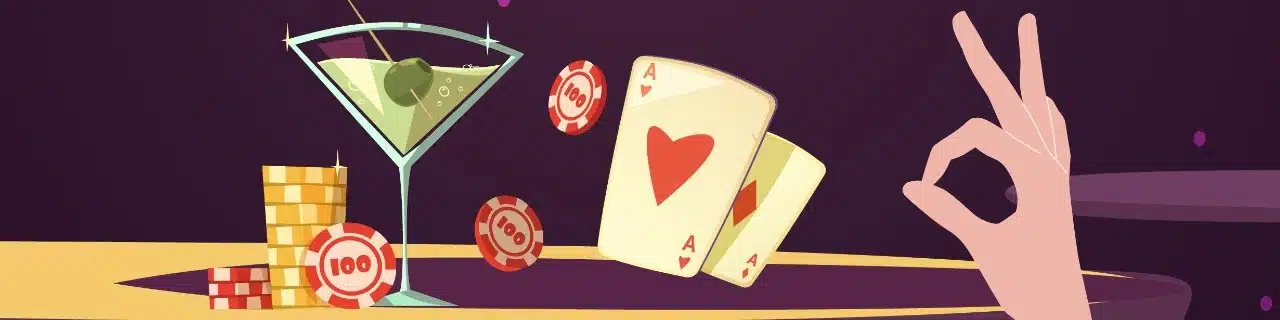 Poker kort och roulette chips med en drink