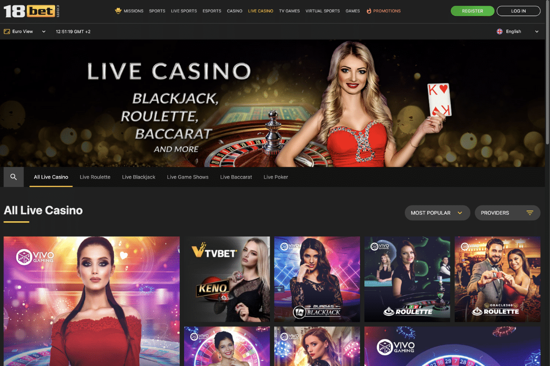 Bild på live casinots landningssida