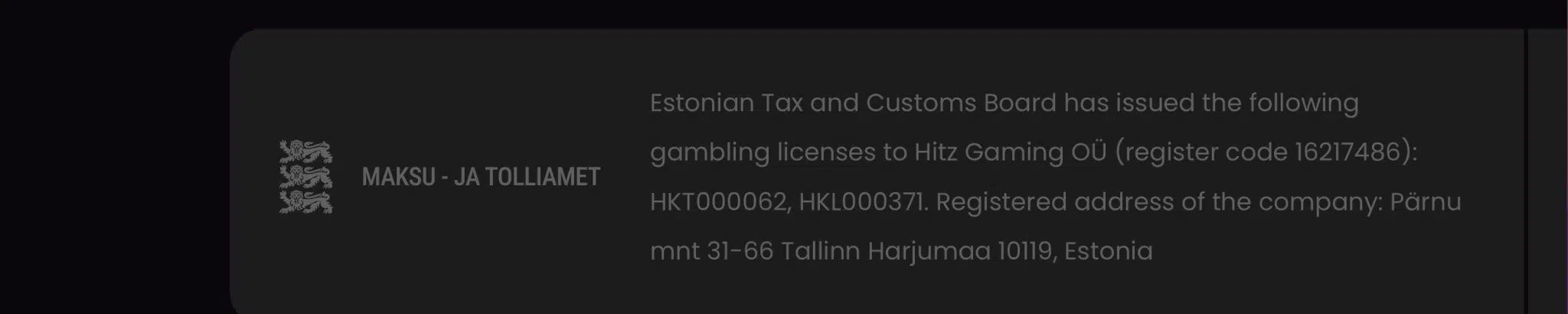 Visar Estland licensen i footer som Trickz casino innehar