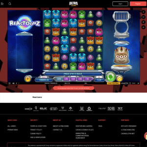 Printscreen från Ultra casino som visar Play'n Go spelet reactoonz som är populärast på sidan som ett exempel på hur det ser ut när du spelar på sidan.