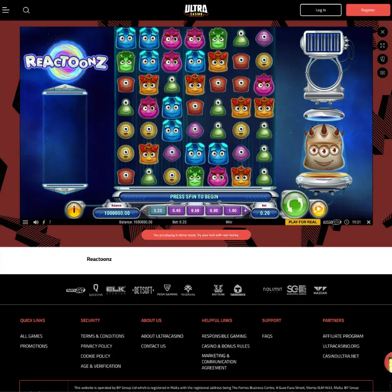 Printscreen från Ultra casino som visar Play'n Go spelet reactoonz som är populärast på sidan som ett exempel på hur det ser ut när du spelar på sidan.