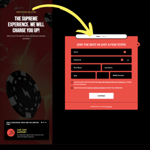 Printscreen från Ultra casino som visar hur registreringsformuläret ser ut och en pil vart du ska fylla i