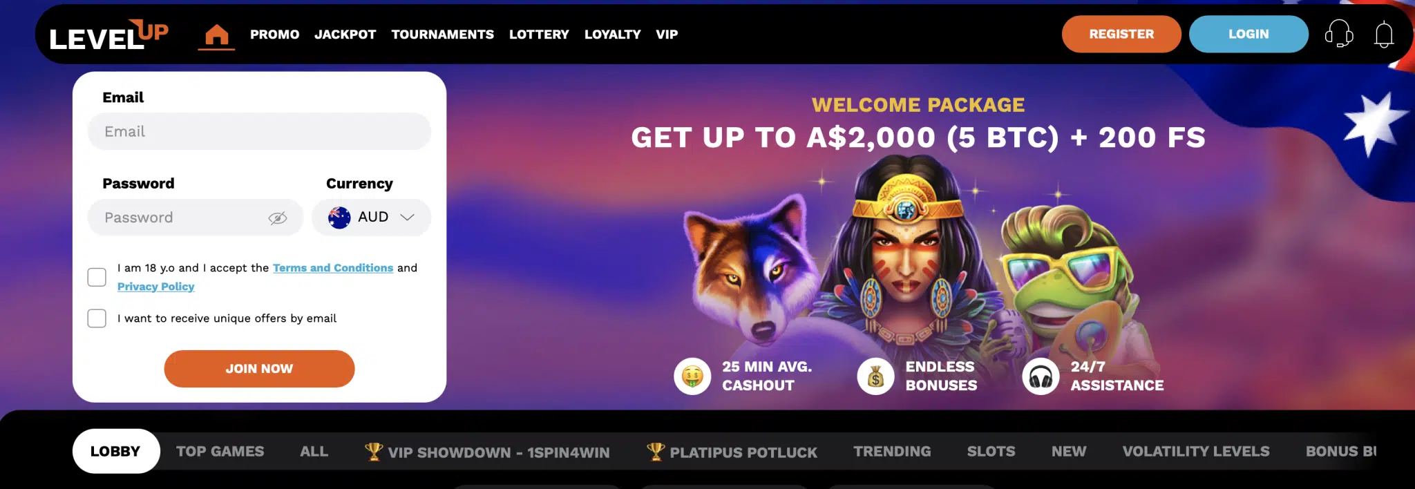 LevelUp casino formulär för att registrera sig samt bonus och spelkategorier syns på hemsidans bild