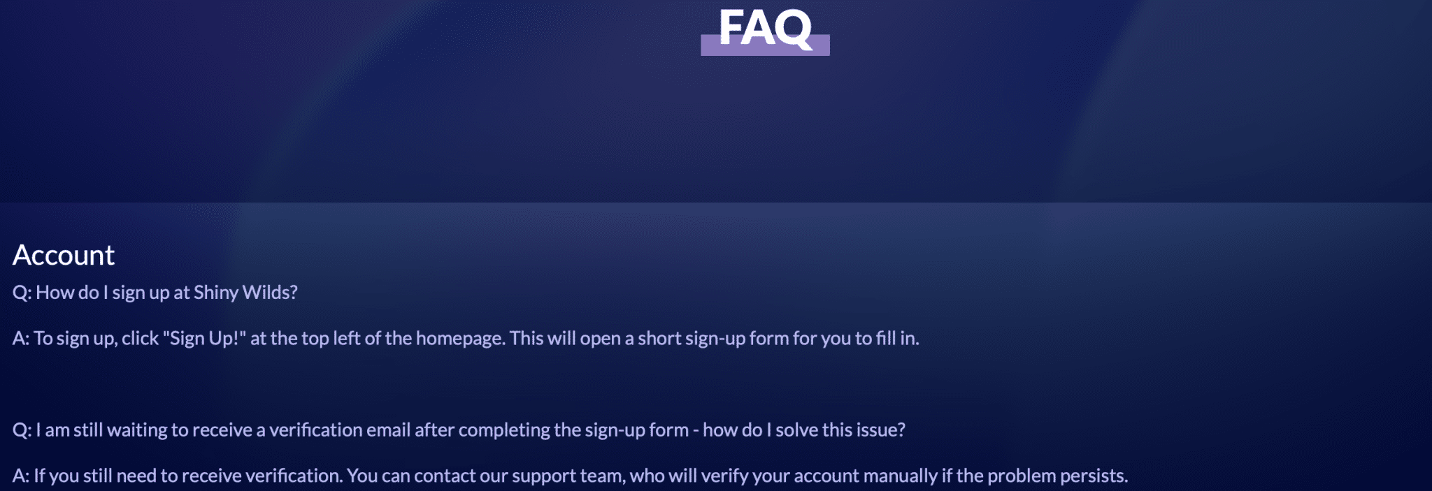 Kundtjänsten hos ShinyWilds casino, visar utdrag från deras FAQ
