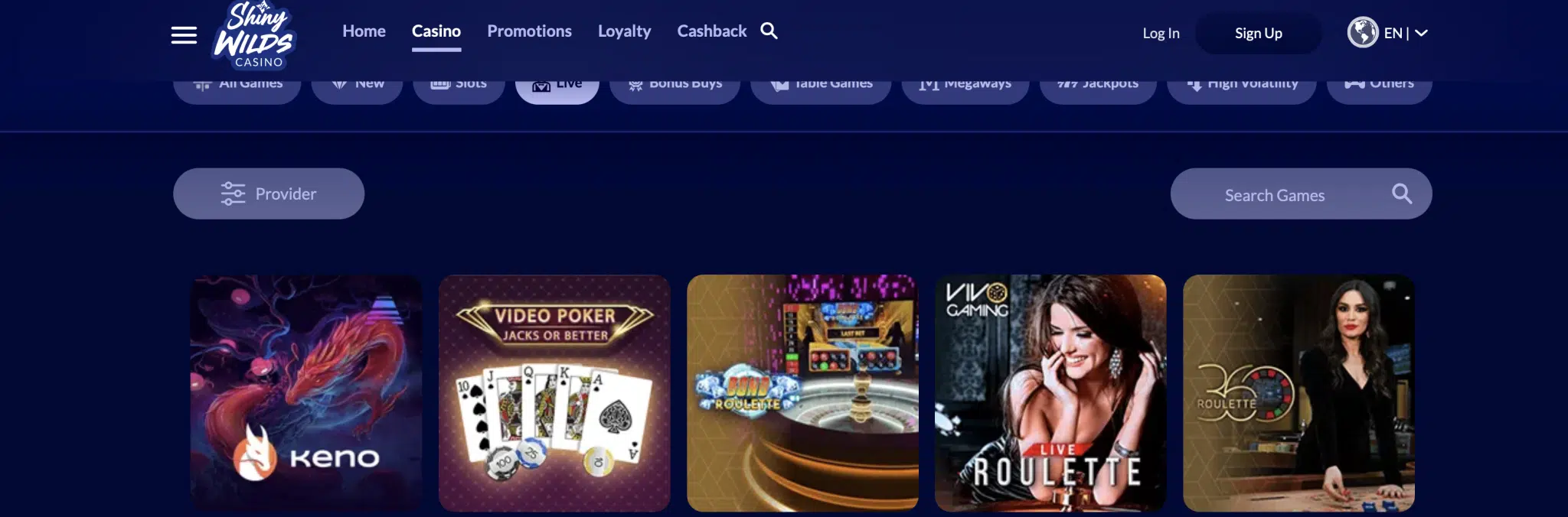 5 olika live-casino spel från olika spelutvecklare syns på bilden