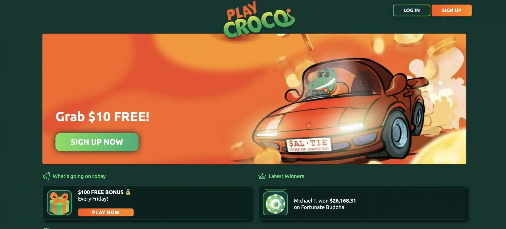 PlayCroco sida 1 visar inloggning samt casino temat