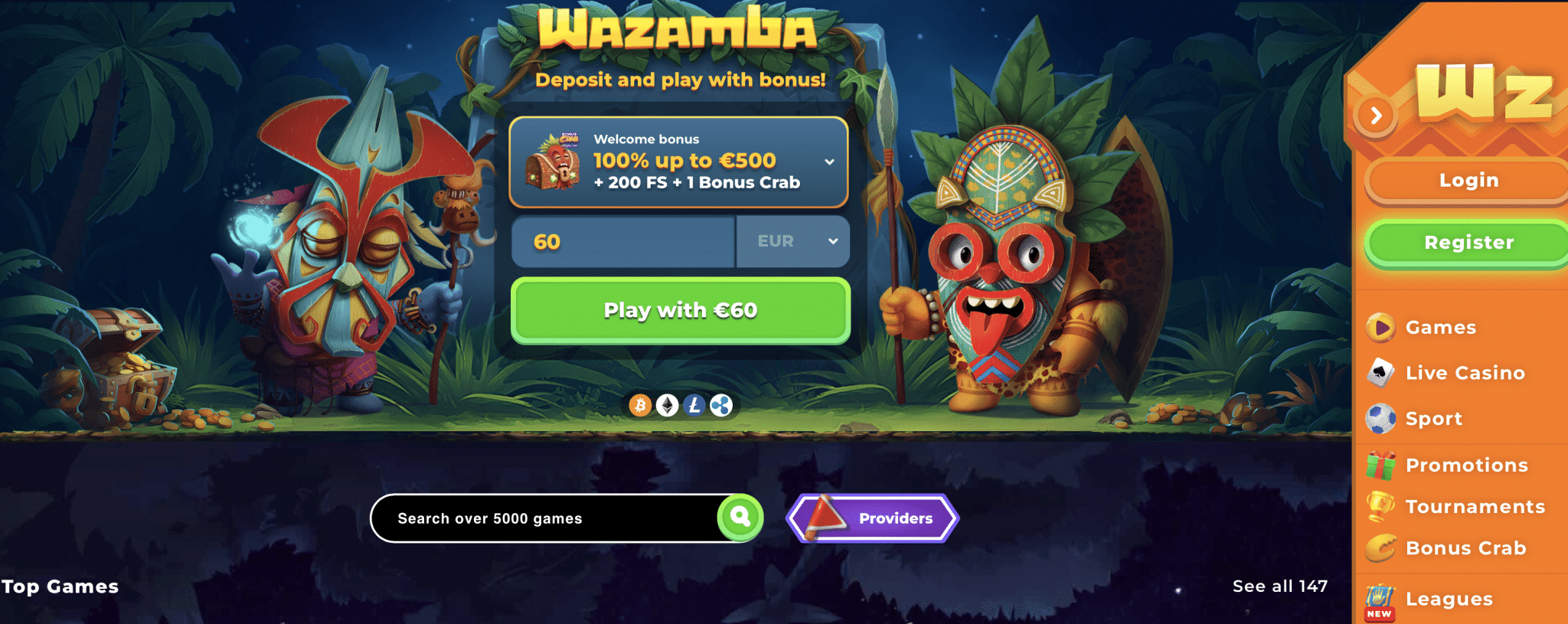 Wazamba casino första sidan vissar massa spel utan spelpaus